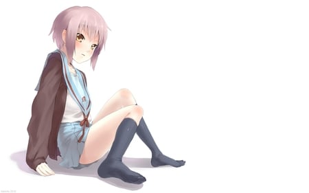 Nagato Yuki - blush, yuki, yellow eyes, purple hair