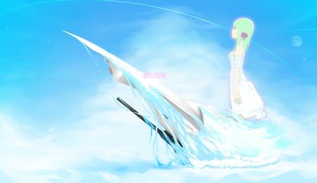 Sky is my World - clouds, anime, girl, green hair, eureka 7, short hair, eureka, fly, mecha