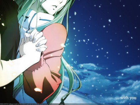 With You - anime, female, girl, promised, green hair, long hair, renton, eureka 7, male, boy, eureka, mecha, land