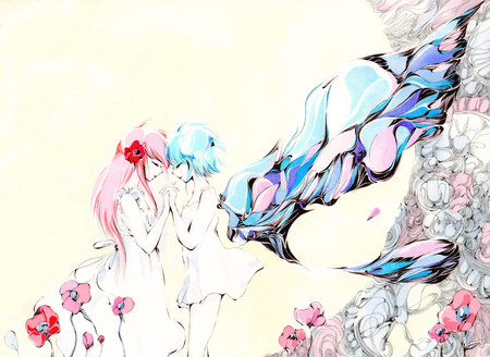 As One - eureka 7, girls, wings, anemone, butterfly, anime, eureka, flower, mecha