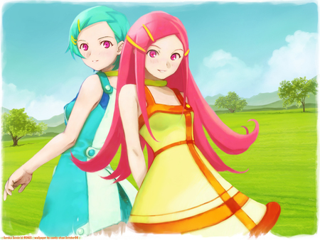 Colors of Life - anime, green hair, long hair, eureka 7, girls, short hair, eureka, green, mecha, cute, field, hairclip, anemone