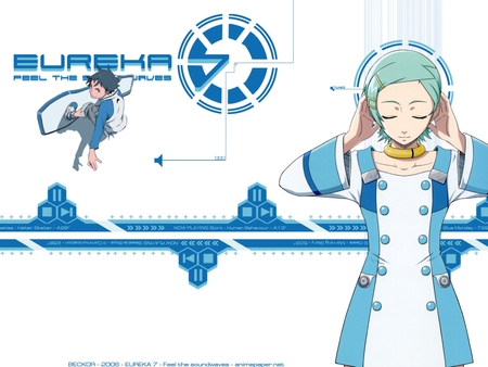 Feel the Waves - eureka 7, renton, girl, listening, surfing, boy, blue, anime, eureka, fly, mecha