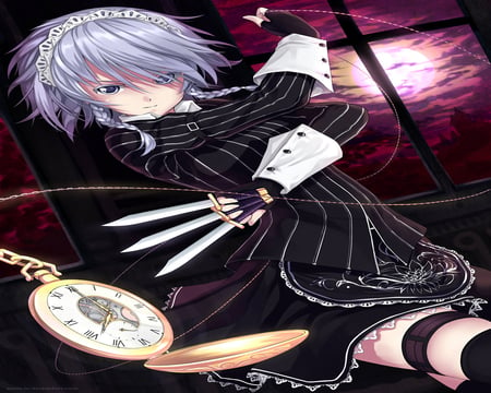 Izayoi Sakuya - watch time, touhou, window, izayoi sakuya, female, knife