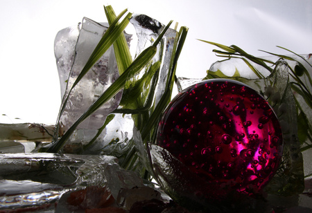 Still life - photography, ice cube, ball, still life, white, abstract, glowing, red, green, photo