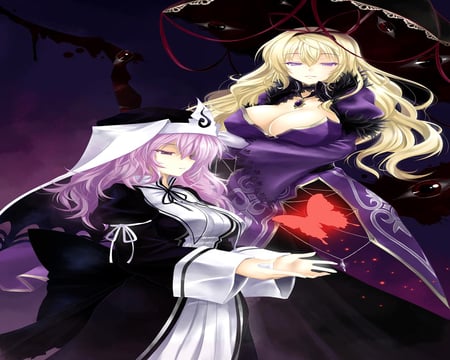 Yakumo Yukari and Saigyouji Yuyuko - saigyouji yuyuko, two female, umbrella, touhou, butterfly, night, yakumo yukari