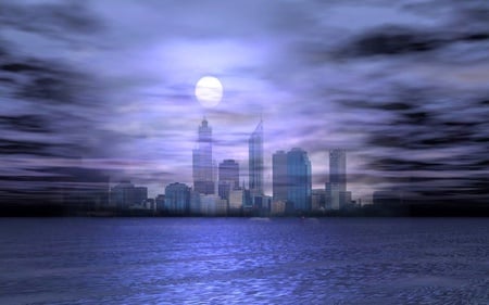 Deep sky - moon, river, blue, view, cloud, city, sky