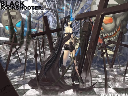 Black Rock Shooter - black, cruss, skulls, anime, shooter, rock, girl