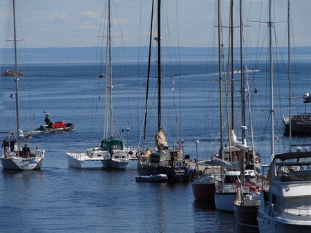 sailboats at rest - sky, water, sailboat, sea, port