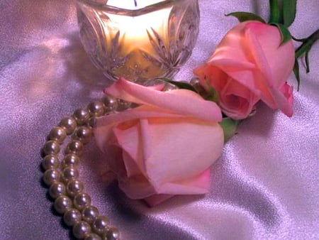 Satin - candle, roses, pink, pearls, satin