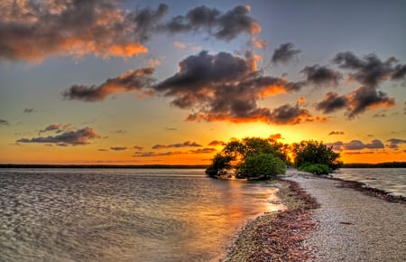 Sunset-HDR - scenery, beach, sand, hdr, exotic, nice, sky, clouds, trees, water, beautiful, photography, sea, lovely, cool, ocean, nature, sunset