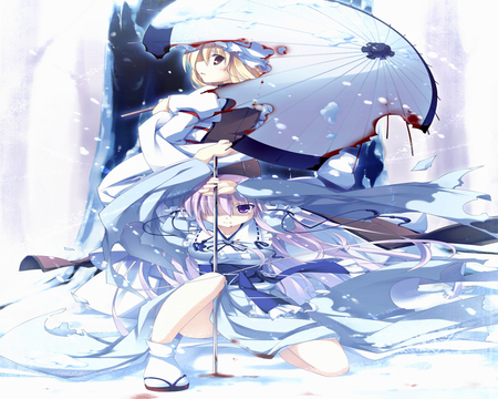 Come of Winter - saigyouji yuyuko, umbrella, winter, touhou, snow, sword, yakumo yukari