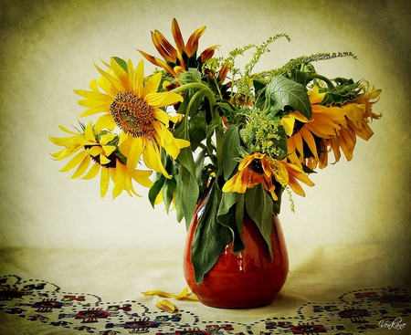 red vase - vase, sunflowers, beautiful, red, still life