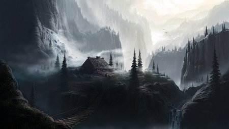 IN THE HIGH MOUNTAINS - trees, mountains, waterfall, mist, forest, fog, cabin, high, bridge