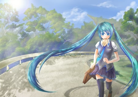 Going to School - tie, pretty, real, light, uniform, path, nice, sunlight, bread, program, road, thighhighs, beauty, virtual, cg, school uniform, white, green, cute, aqua eyes, song, vocaloid, anime, blue, twintail, school, grass, hatsune miku, bag, artsitic, music, aqua, art, sky, sun, idol, clouds, anime girl, trees, skirt, realistic, beautiful, singer, girl, cool, black, glow, miku, awesome, diva, digital, aqua hair, hatsune, vocaloids