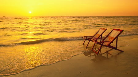 Sunset - beauty, sky, beach, golden sunset, paradise, peaceful, sun, sunset, chairs, vacation, view, pretty, clouds, romance, golden, sand, relax, ocean, sunlight, summer, sailing, shore, lovely, waves, nature, chair, romantic, beautiful, rest, splendor, sailboat, sea