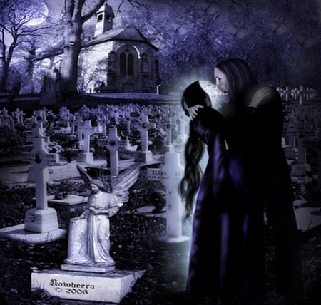 Death Passion - abstract, love, man, moonlight, cg, cemetery, fantasy, woman, ghosts, wallpaper