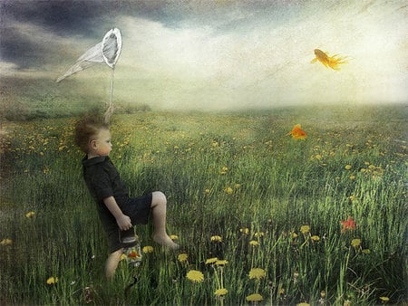 childhood - child, field, flowers, playing