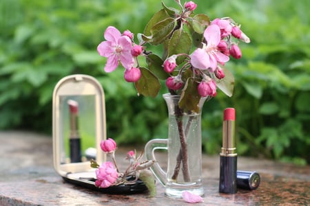 apple blossom and lipstick for Antonija - lipstick, beautiful, blossom, flowers, apple, still life