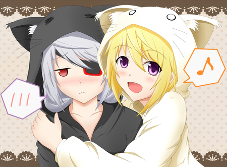 Laura & Char - infinite stratos, anime, neko, blush, laura bodewig, light, eye patch, charlotte dunois, black, costume, cute, hug