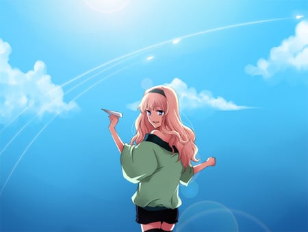 Are you ready ?? - clouds, macross f, anime, craft, girl, macross, sunshine, pink, long hair, plane, mecha, diva, sheryl nome, sky