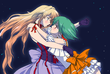 Hold Me... - long hair, macross, sheryl nome, macross f, anime, blush, embrace, short hair, green hair, ranka lee, mecha