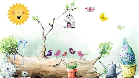 Summer Scene 3 - sky, sun, summer, bicycle, spring, cage, watering can, log, flowers, planters, birds