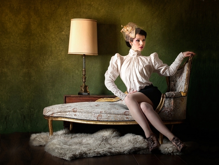 CLASSIC BEAUTY - carpet, beauty, lamb, photograph, fur, woman, posing, classic, settee