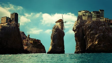 Windmill on a Cliff - village, cliff, sea, ocean, architecture, windmill