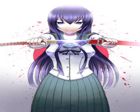 I show you! - school uniform, busujima saeko, highschool of the dead, cool, female, katana, sword, blood