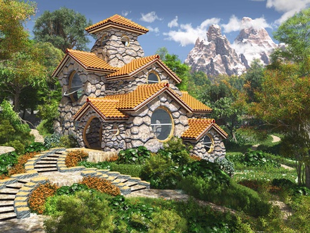 Fairytale House - sky, mountain, fantasy, fairytale, abstract, 3d, flowers, house, grass