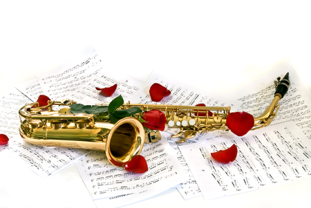 Romance - pretty, elegantly, romance, photo, music, nice, notes, sax, beautiful, photography, lovely, cool, love, still life, flower, petals, harmony, rose