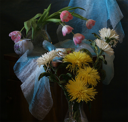 still life - nice, photography, water, tulips, still life, cool, pretty, old, harmony, chrysanthemums, lovely, gentle, cup, beautiful, jug, tulip, flowers, photo, flower