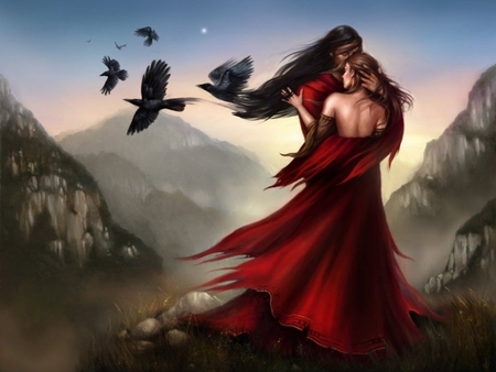 Farewell, my love - raven, black birds, mountian, red dress, farewell, love, man, red, woman, lovers