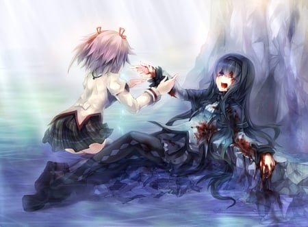 Fell Down - school uniform, dark hair, water, long hair, bet, blood, purple eyes