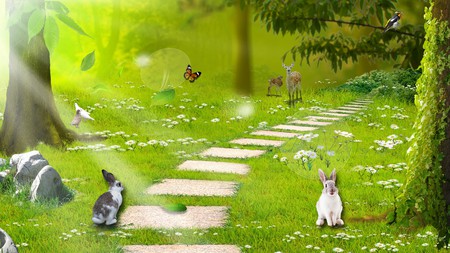 The Enchanted Forest - sunlight, trees, deer, bird, rabbits, doves, butterfly, bunnies, green, flowers, firefox persona, grass, ofrest