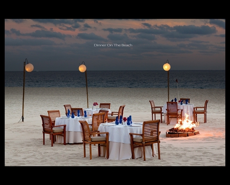 Dinner On The Beach - dinner, beach, fire, beautiful, evening, table, lamps