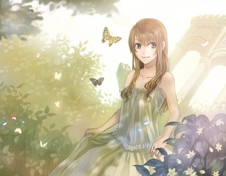 Gorgeous girl - sky, girl, gorgeous, pretty, beautiful, anime, smile, flowers, cute, butterflies, dress