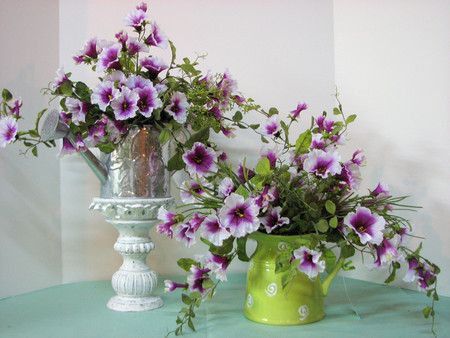 Extravagance - abundance, pedestal, vase, white, purple, petals, beautiful, extravagance, green, water can, flowers