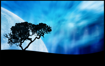 Aurora dreams - moon, tree, abstract, blue