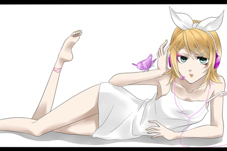 Kagamine Rin - rin, white dress, music, birds, yellow, kagamine, pink, len