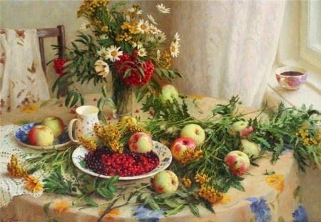 spread  of colors - bowl, apples, berries, cup, vase, curtain, cloth, chair, window, table, flowers