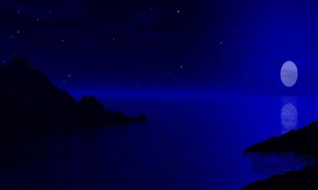 MOONLIGHT OCEAN - blue, night, ocean, mountains, stars, sky, moonlight