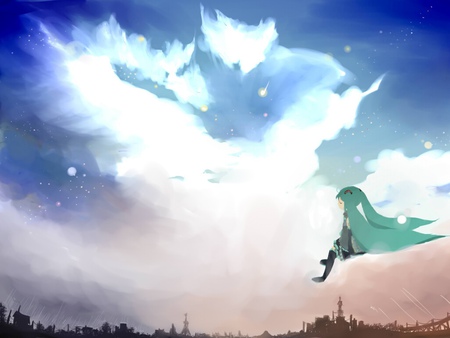 Dream - tie, pretty, artistic, uniform, dragon, skyscrapers, nice, program, thighhighs, city, beauty, virtual, cg, drawing, white, cute, aqua eyes, song, vocaloid, anime, blue, twintail, hatsune miku, dream, music, aqua, art, sky, idol, clouds, anime girl, skirt, beautiful, singer, girl, cool, orange, black, miku, awesome, diva, painting, digital, aqua hair, hatsune, vocaloids