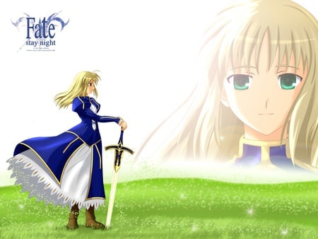 The Beautiful Knight - saber, arturia, game, anime, sword, grass, knight, caliburn, smile, king, golden hair, field, fate stay night