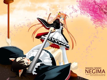 Under Sakura Tree - setsuna, harisen, asuna, nekomimi, sakura, broom, anime, tree, maid, kagurazaka, flower, sakurazaki, manga, mahou sensei negima