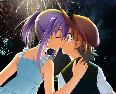 Kiss in School Festival - hat, anime, nodoka, mahou sensei negima, teacher, romantic, festival, scene, manga, student, glasses, negi, kiss, fireworks