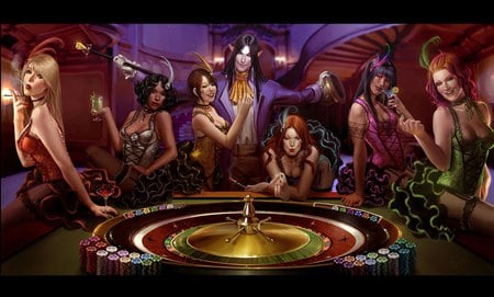 Roulette - show girls, fantasy, roulette wheel, chips, gambling, elf, man