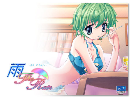 The Rain - the rain, female, girl, bra, solo, couch, living room, table, anime, green hair