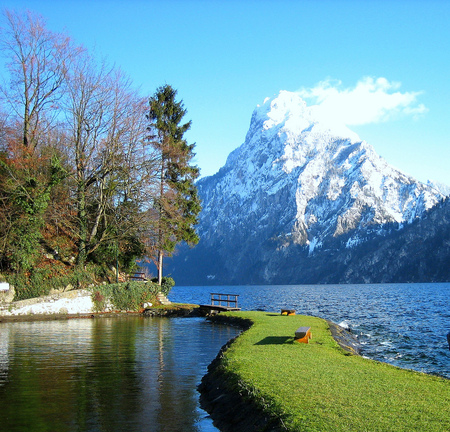 Landscape - silence, blue, landscape, snow, grass, spring, photo, bench, sky, clouds, trees, water, image, beautiful, photography, sesons, beauty, nature, green, background, lakes, mountains