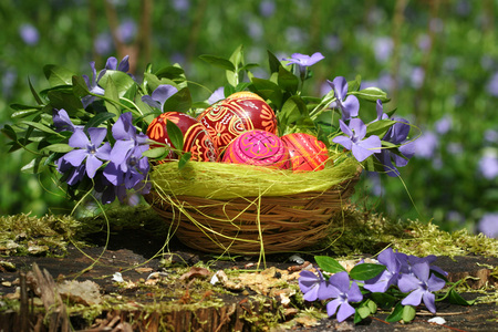 Easter - feast, photography, easter, image, still life, spring, eggs, abstract, red, wild, green, flowers, basqet, photo, natural